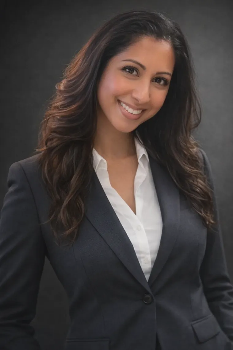 Nisha Amin, founder of NishMark8ing, smiling in a dark blazer