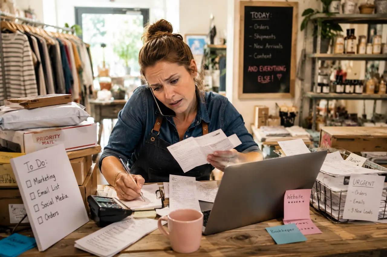 A small shop owner on the phone at a cluttered counter, juggling orders, receipts, a laptop and a handwritten to-do list that includes marketing, email and social media